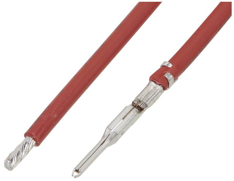 Rødt elektrisk kabel med afisoleret ende og en metalstik til forbindelse i elektriske kredsløb.