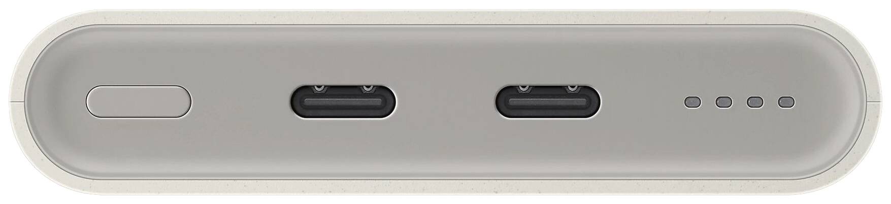 Hvid-grå enhed med to USB-C-porte, en stor knap på venstre side og fire små LED-lys på højre side.