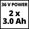 '36 V POWER 2 x 3.0 Ah' står med store bogstaver på hvid baggrund og refererer til akkuydelsen.