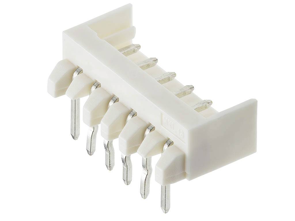 Elektronisk komponent: Hvid stikforbinder med syv metalben i to rækker, bruges til elektrisk forbindelse.