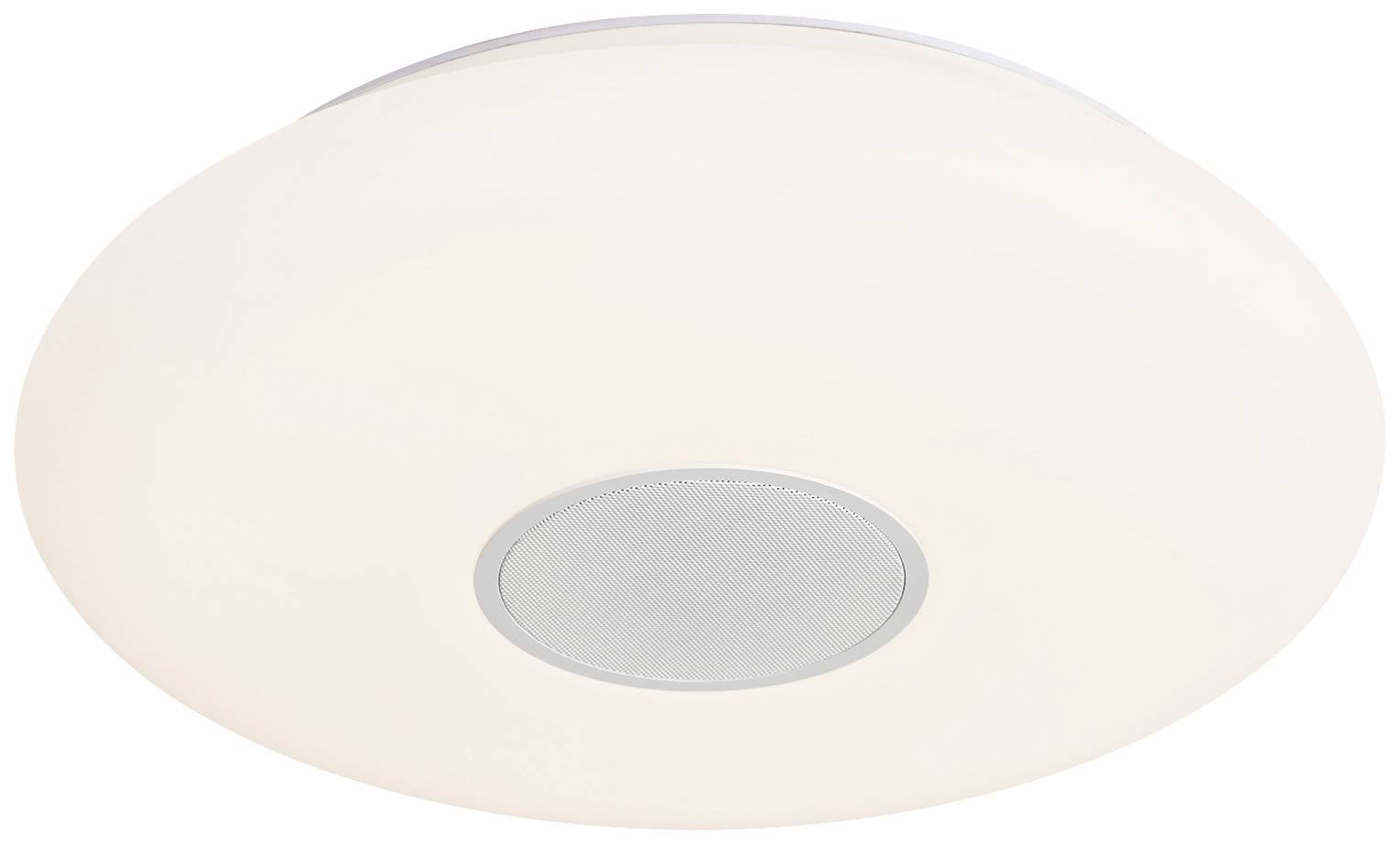 Rund, flad loftslampe med centralt højttalergitter. Moderne udseende, egnet til stue eller arbejdsrum.