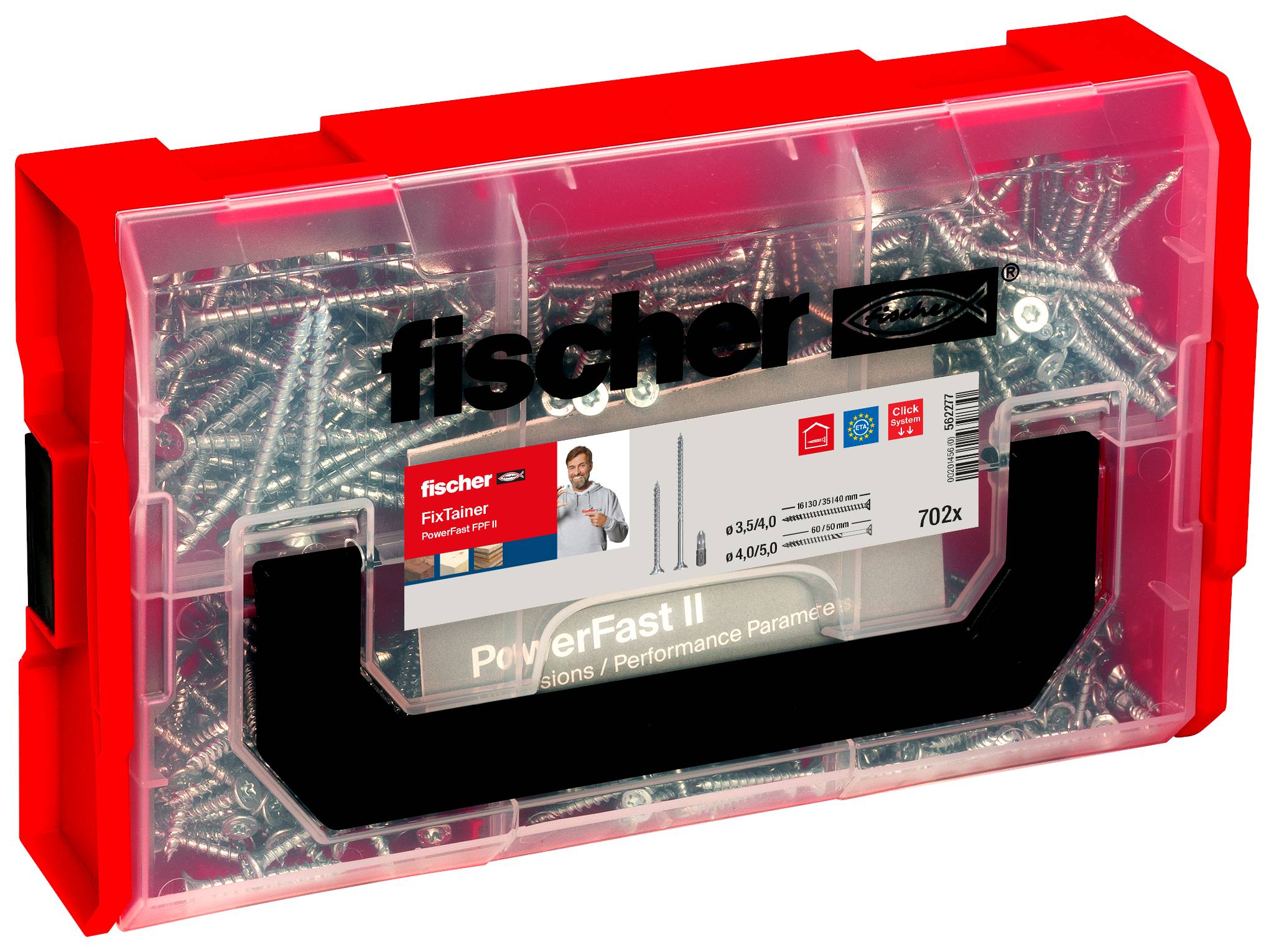 Et transparent rødt plastikfutteral fyldt med Fischer PowerFast II skruer, mærket "fischer" og "PowerFast II", med et greb på forsiden.
