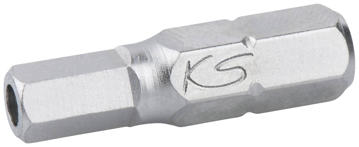 Metalbit med sekskantform og gravering 'KS', bruges til skrueforbindelser.