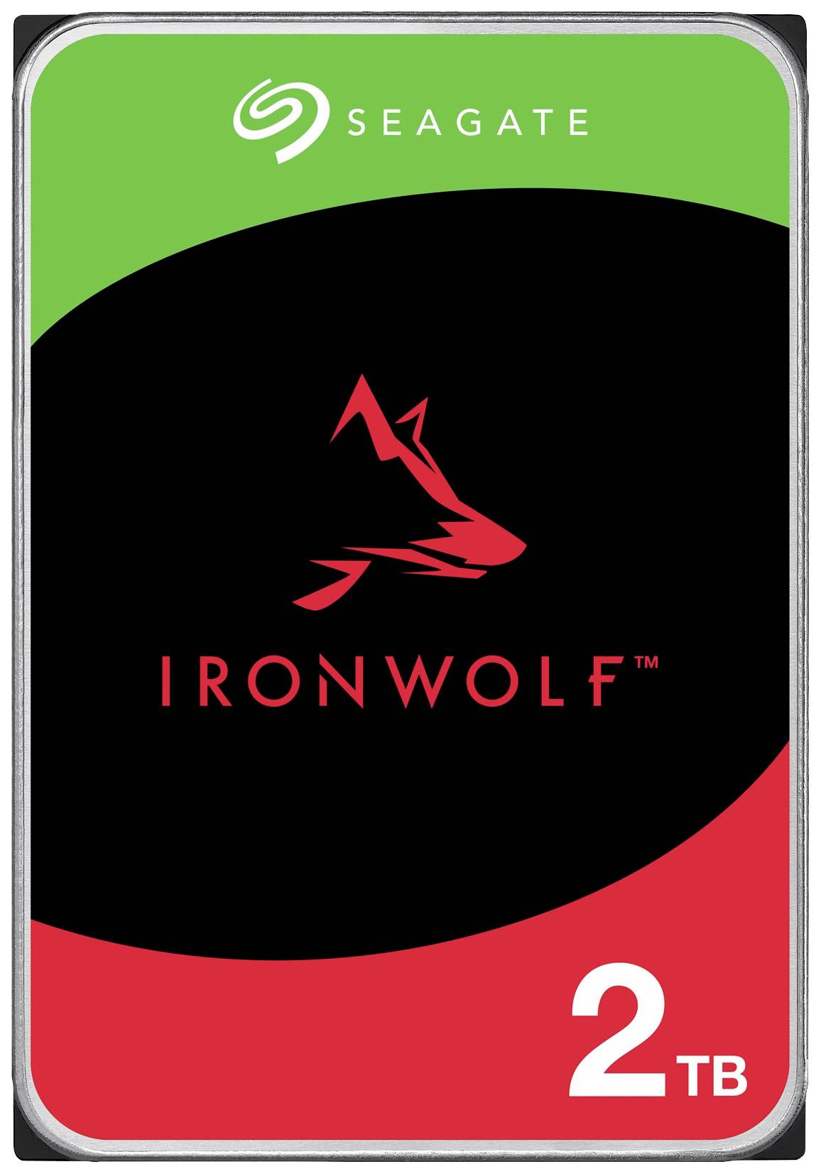 Harddisk med 'Seagate IronWolf'-logo, 2 TB lagerplads i sort, rød og grøn design.