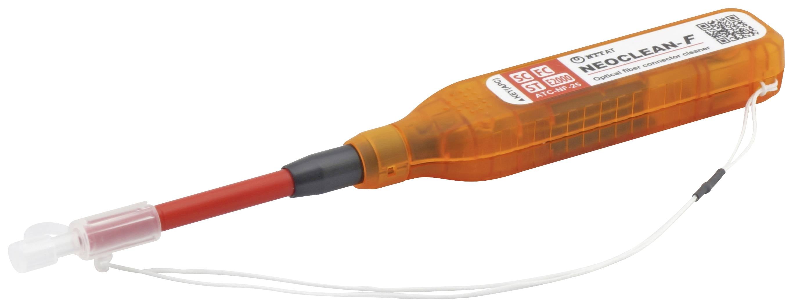 En orange rengøringsværktøj med en rød spids, som bruges til rengøring af glasfiberforbindelser i netværksinstallationer.
