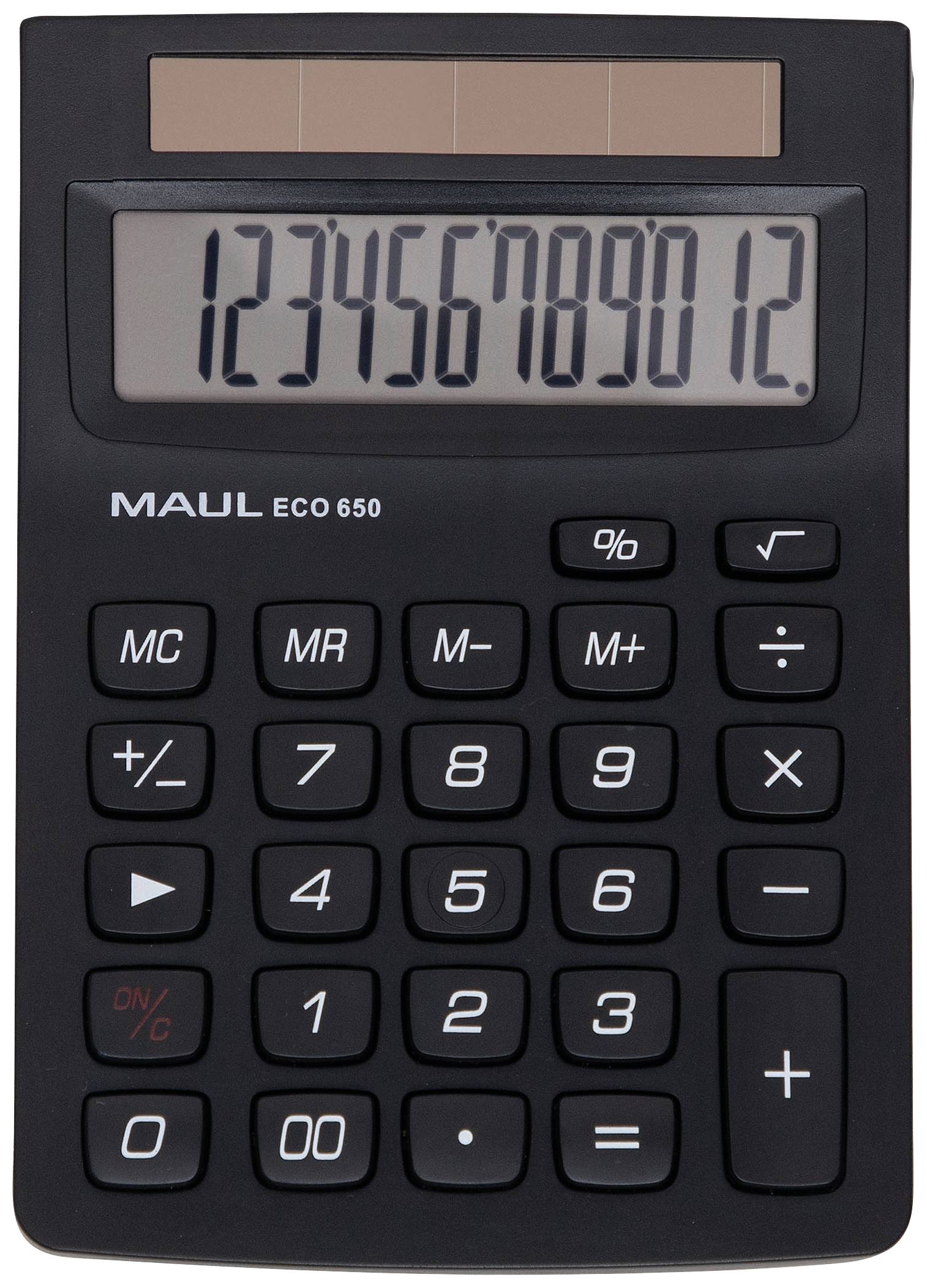 En elektronisk lommeregner viser tallene '123456789012' på displayet. Taster til grundlæggende regneoperationer er synlige.