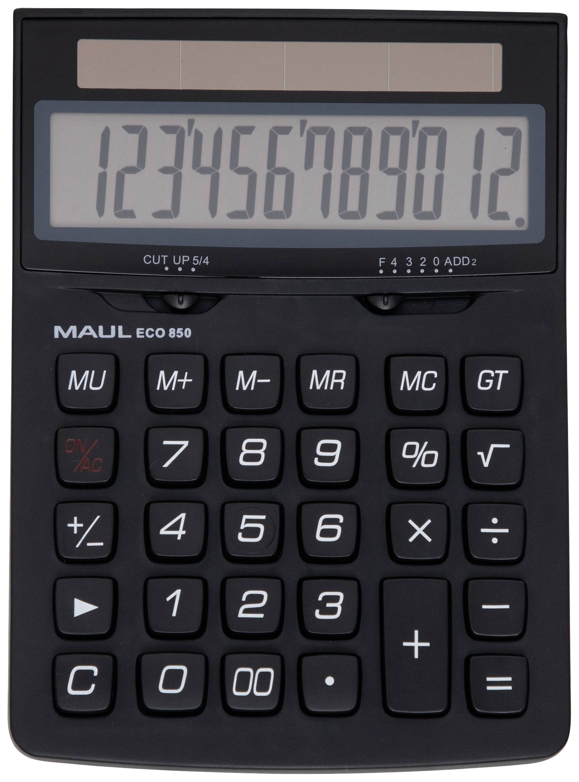 En sort lommeregner med store taster og et display, der viser talsekvensen '123456789012'.