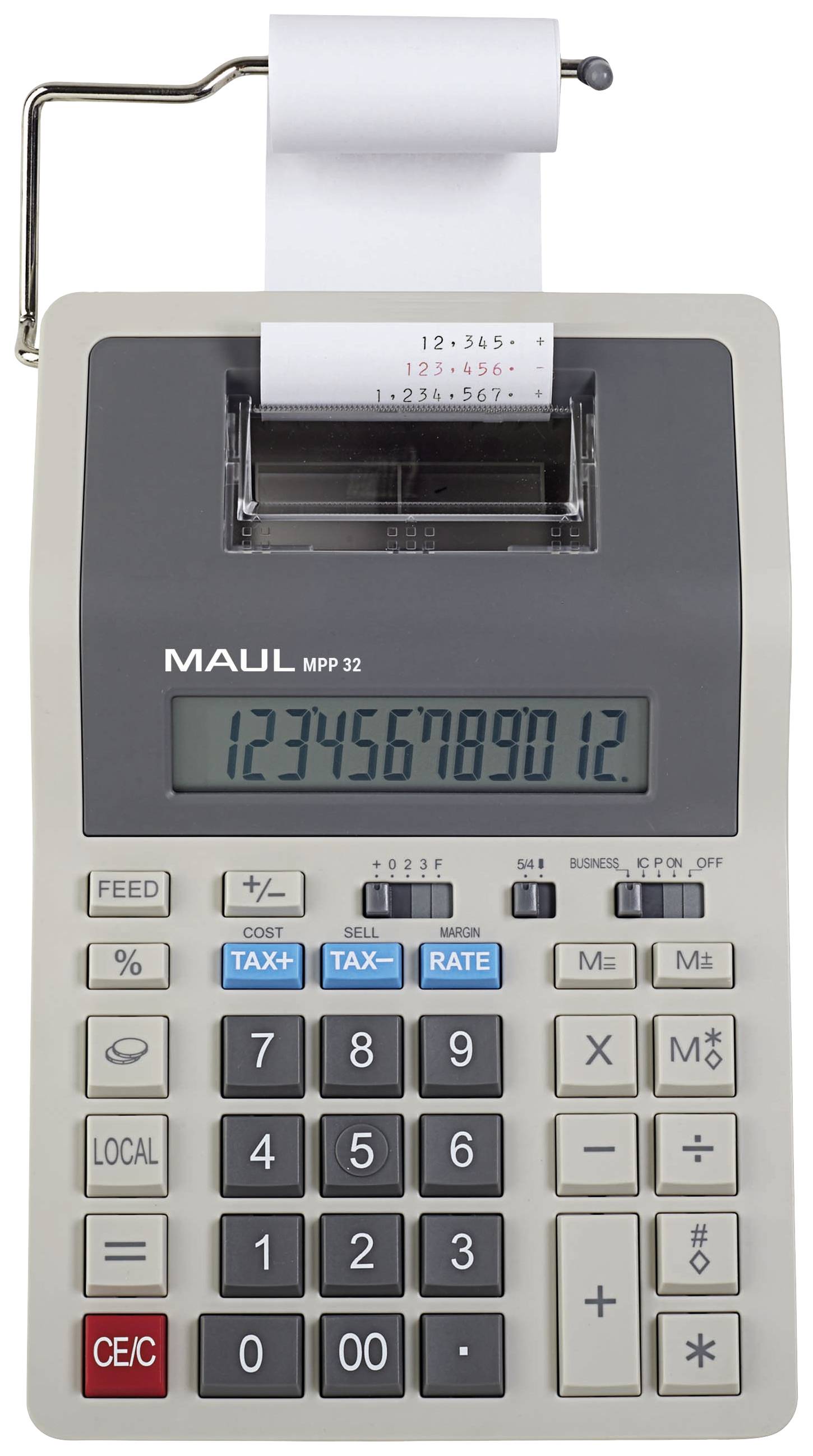 Elektronisk bordregnemaskine med printfunktion. Viser tallet '1234567890,12' på displayet. Papirrulle med udskrevne tal.<br><br>Note: I replaced the decimal point with a comma, as this is standard in Danish numerical notation.