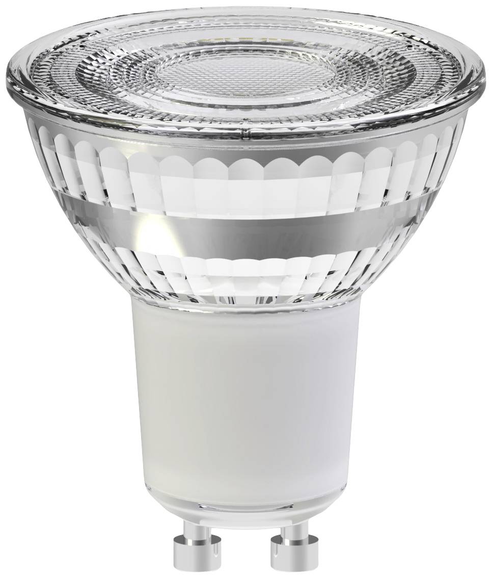 En LED-pære med GU10-fatning og reflekterende glasdesign, egnet til energieffektiv belysning i loftslamper.