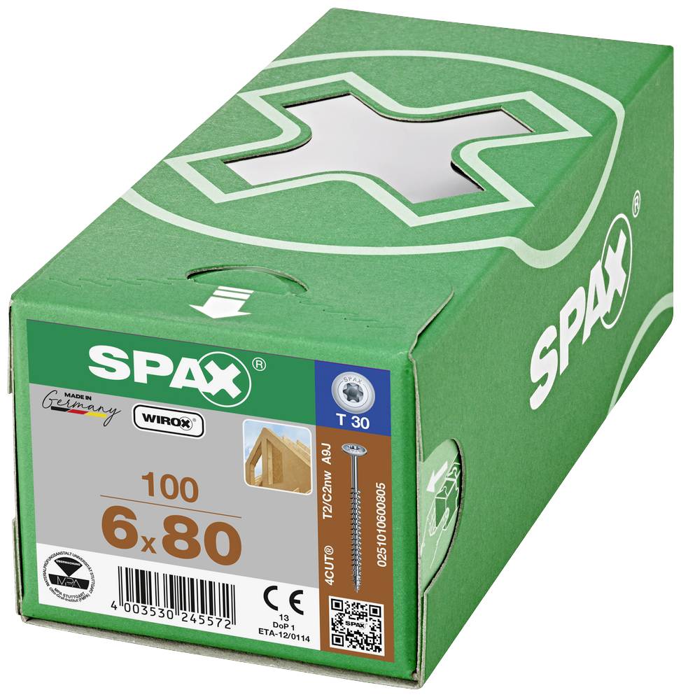 Grøn emballage med Spax skruer, 6x80mm, 100 stk., med CE-mærkning og 'Made in Germany'-mærkat.