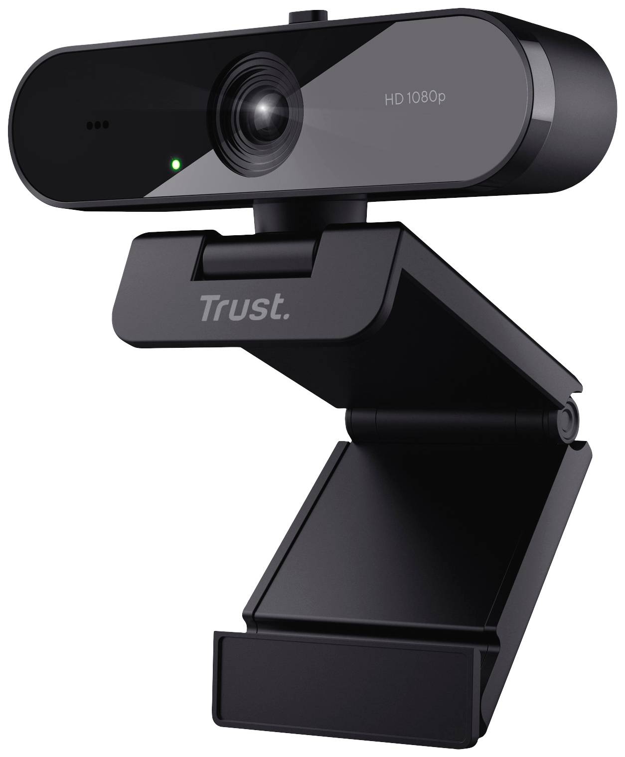 Et sort webcam med HD-1080p-opløsning, monteret på et fleksibelt stativ.