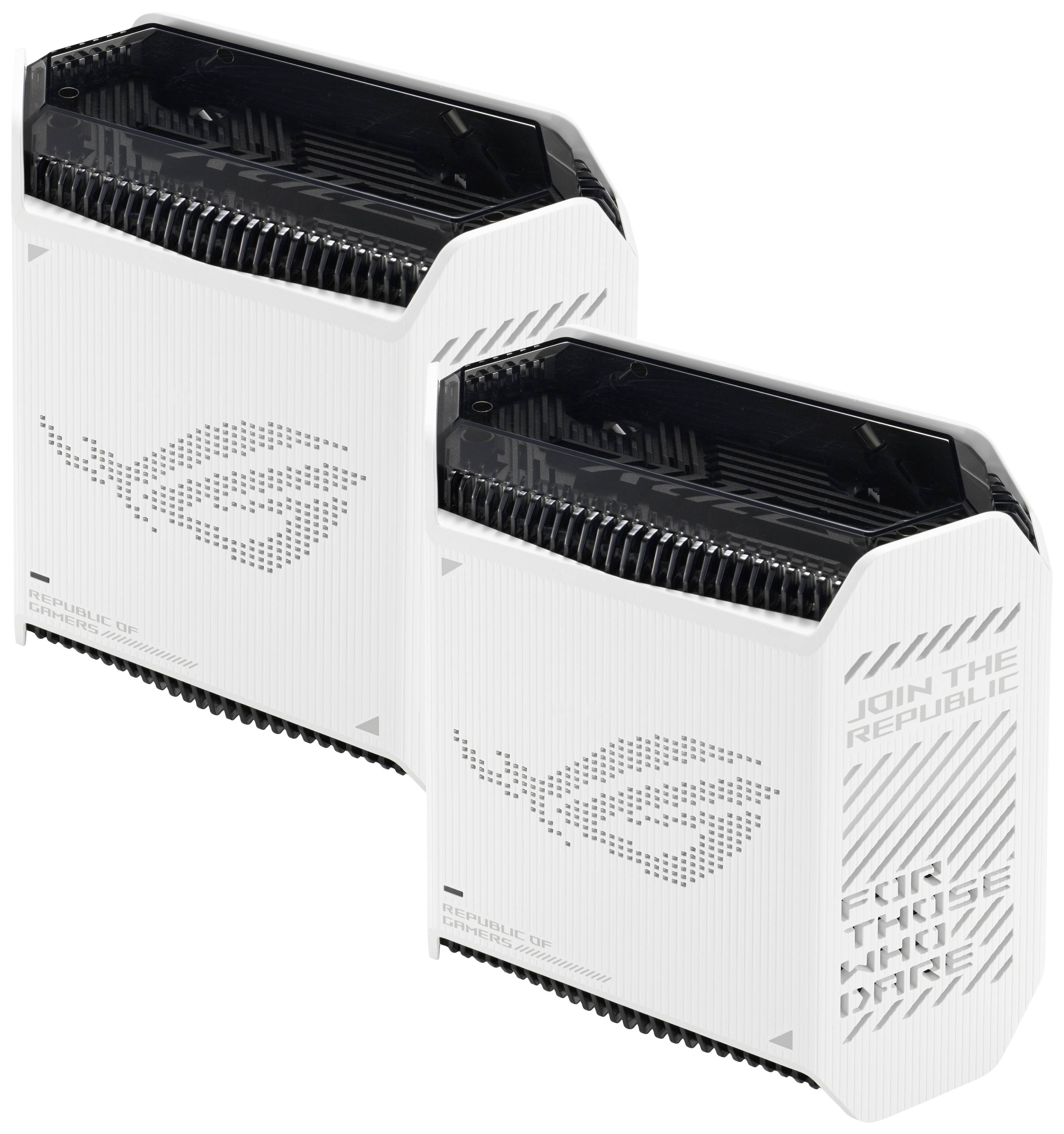To ROG (Republic of Gamers) computerkabinetter i hvid farve med ventilationsåbninger øverst og brandlogoet på siden.