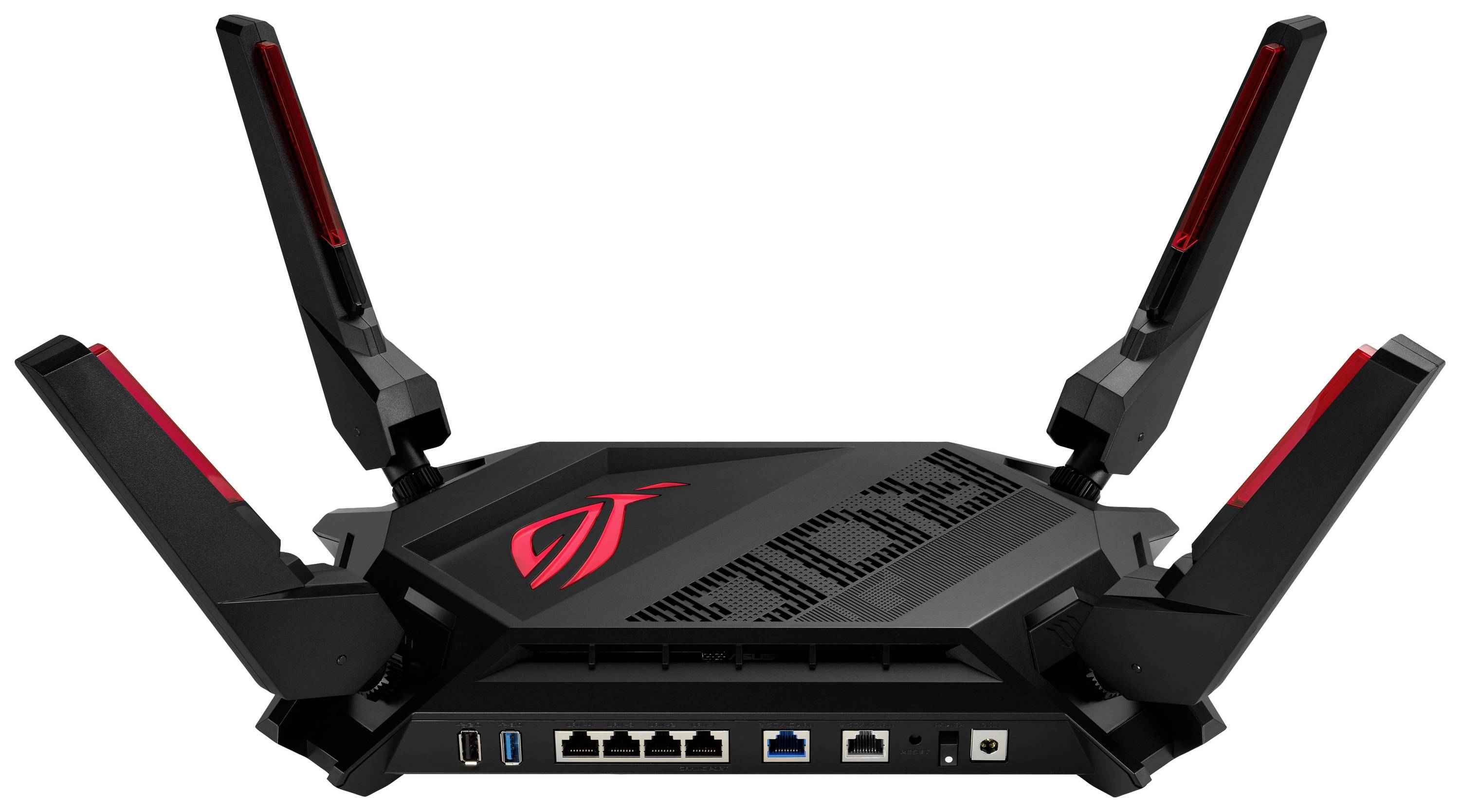 Sort WLAN-router med fire antenne og rødt logo, bagside og forside viser tilslutninger som Ethernet- og USB-porte.