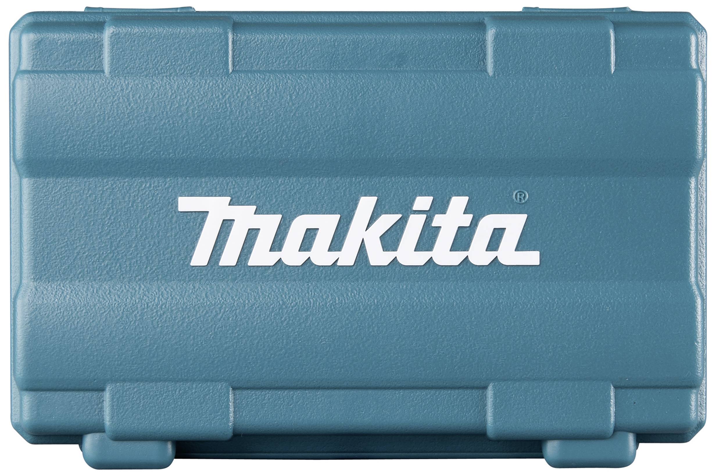 Turkisfarvet værktøjskasse med 'Makita' påskrift på forsiden.