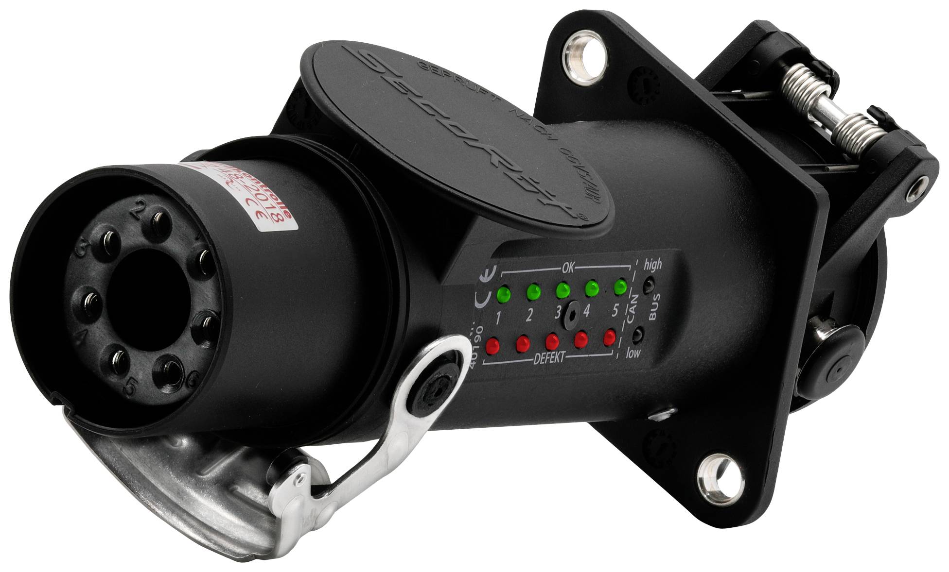 En sort elektroteknisk stikforbindelse med flere grønne og røde LED'er på siden, som viser driftsstatus.