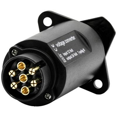 Sort-gylden spændingsomformer, rektangulær med cylindrisk tilslutning, viser henvisninger til 12 volt indgang og 24 volt udgang.