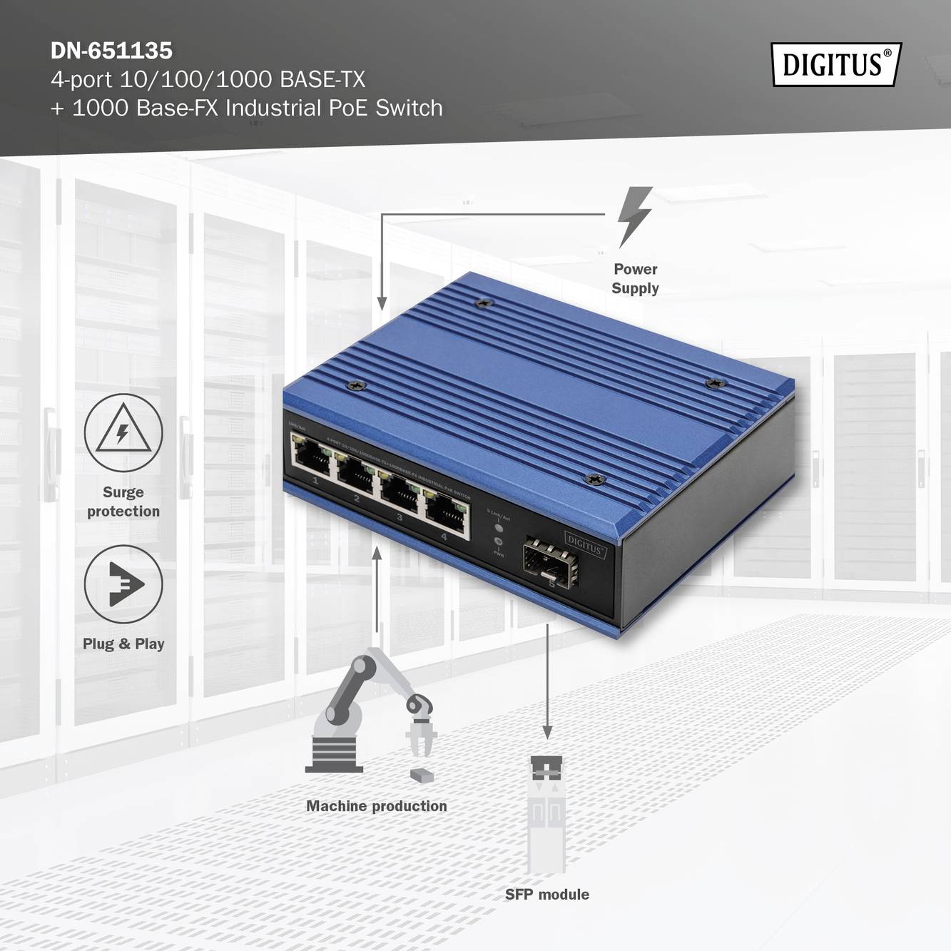 Industriel PoE-switch med fire Ethernet-porte. Billede viser en blå enhed i et serverrum. Forbindelser til strømforsyning og SFP-modul er illustreret.