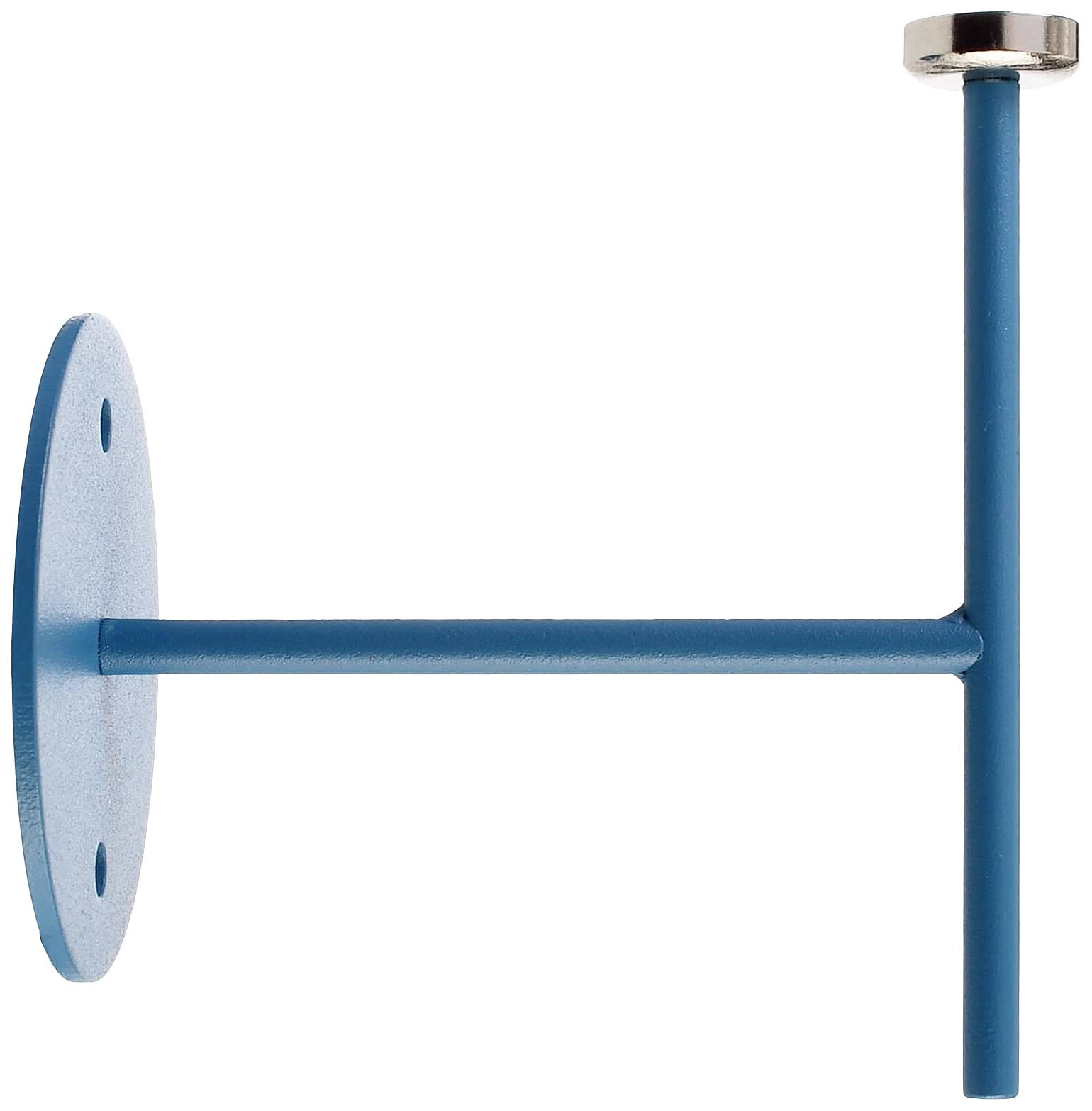 Metalbeslag med blå arm og rund base, egnet til montering af genstande eller hylder på væggen.
