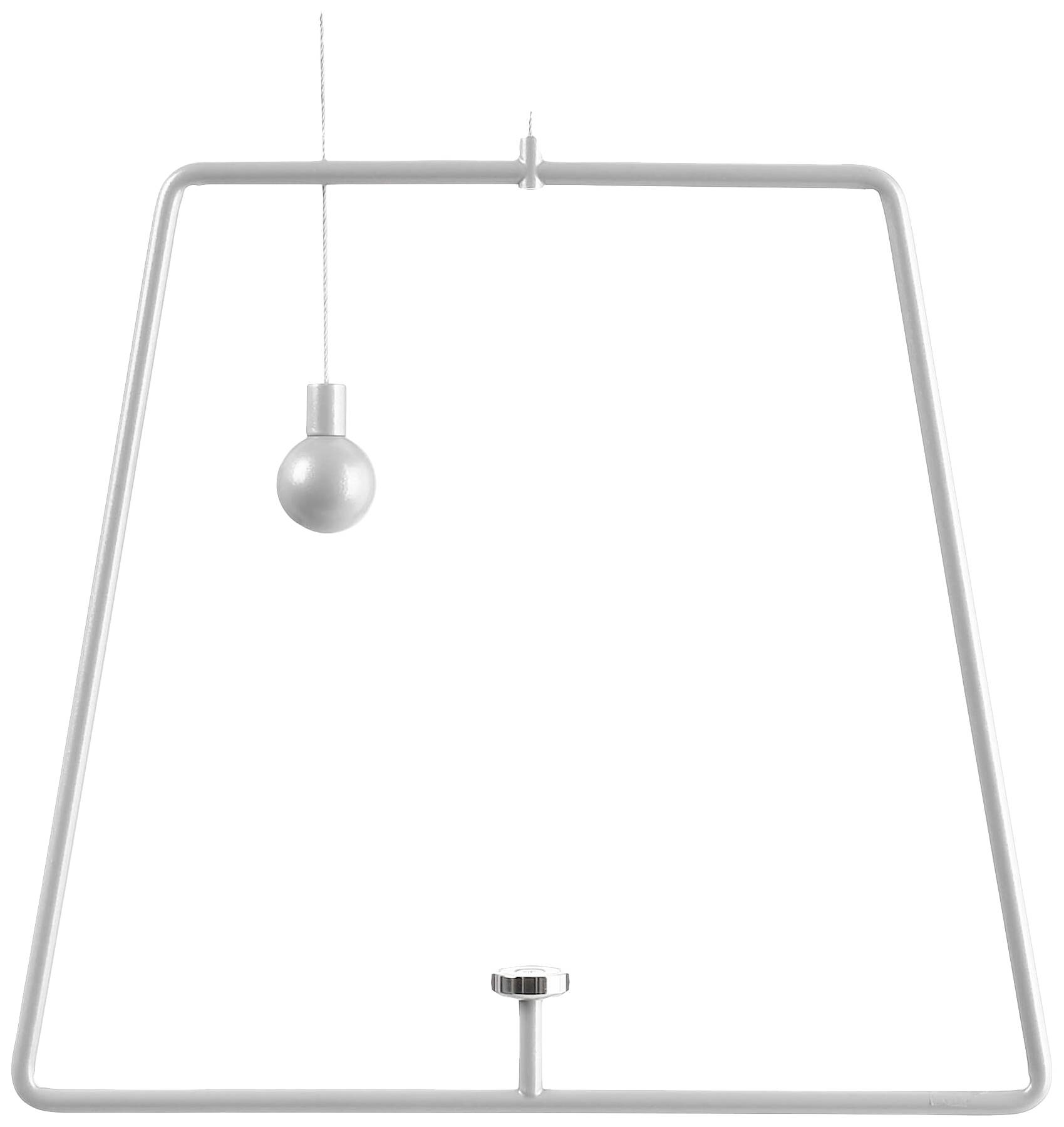 En minimalistisk lampeskærm i form af en trådstruktur, hvorfra en enkelt glødepære hænger ned oppefra.