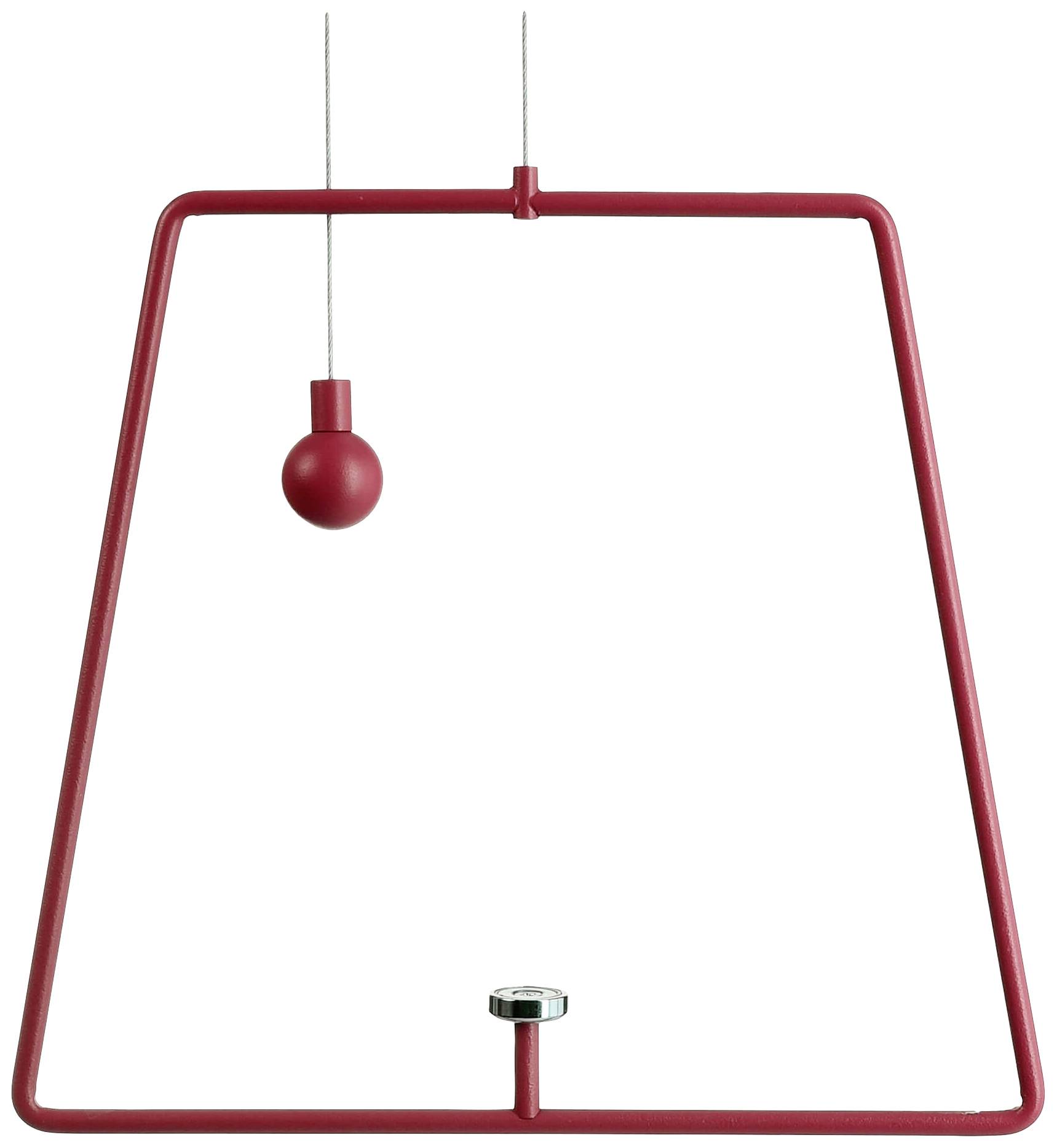 Rå, trapezformet bordlampe med en kugleformet kontakt, der hænger ned fra den øverste kant, minimalistisk designet.