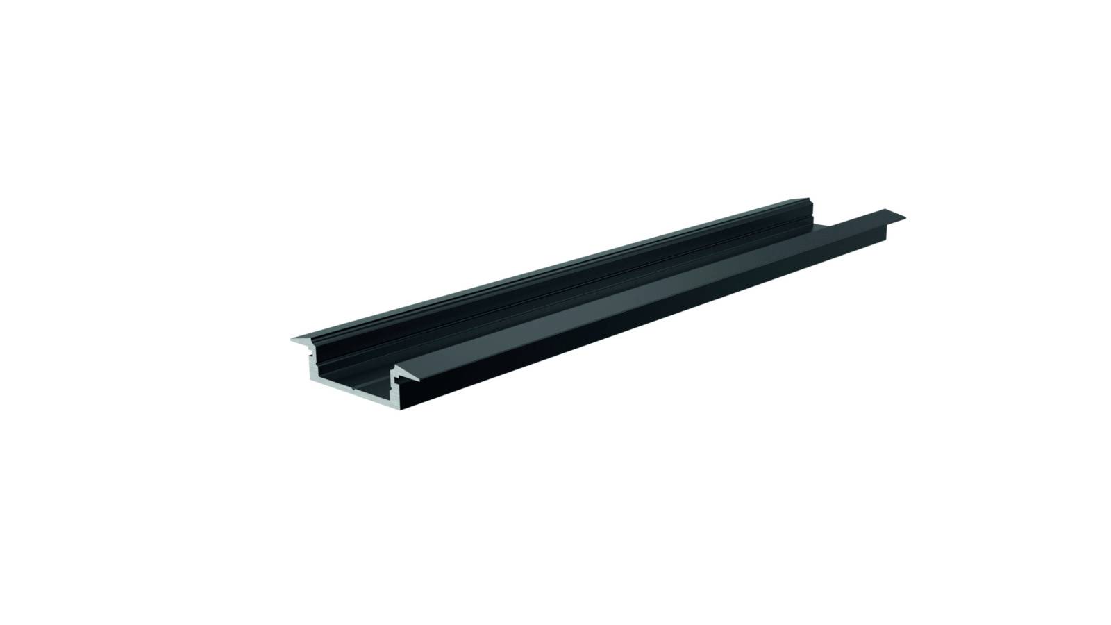 Sort U-formet aluminiumprofil, bruges som komponent til montering af LED-strips.
