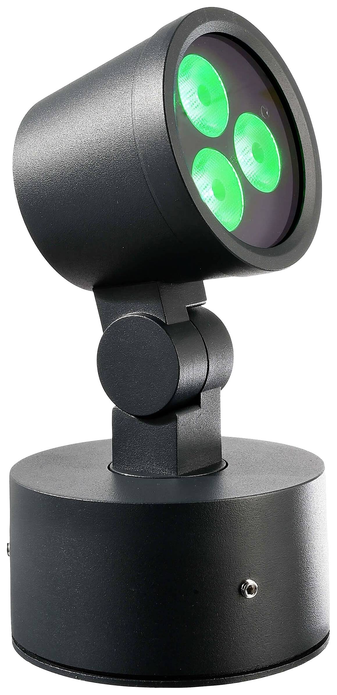 En sort LED-armatur med tre grønne lys, monteret på en cylinderformet sokkel. Ideel til udendørs belysning.