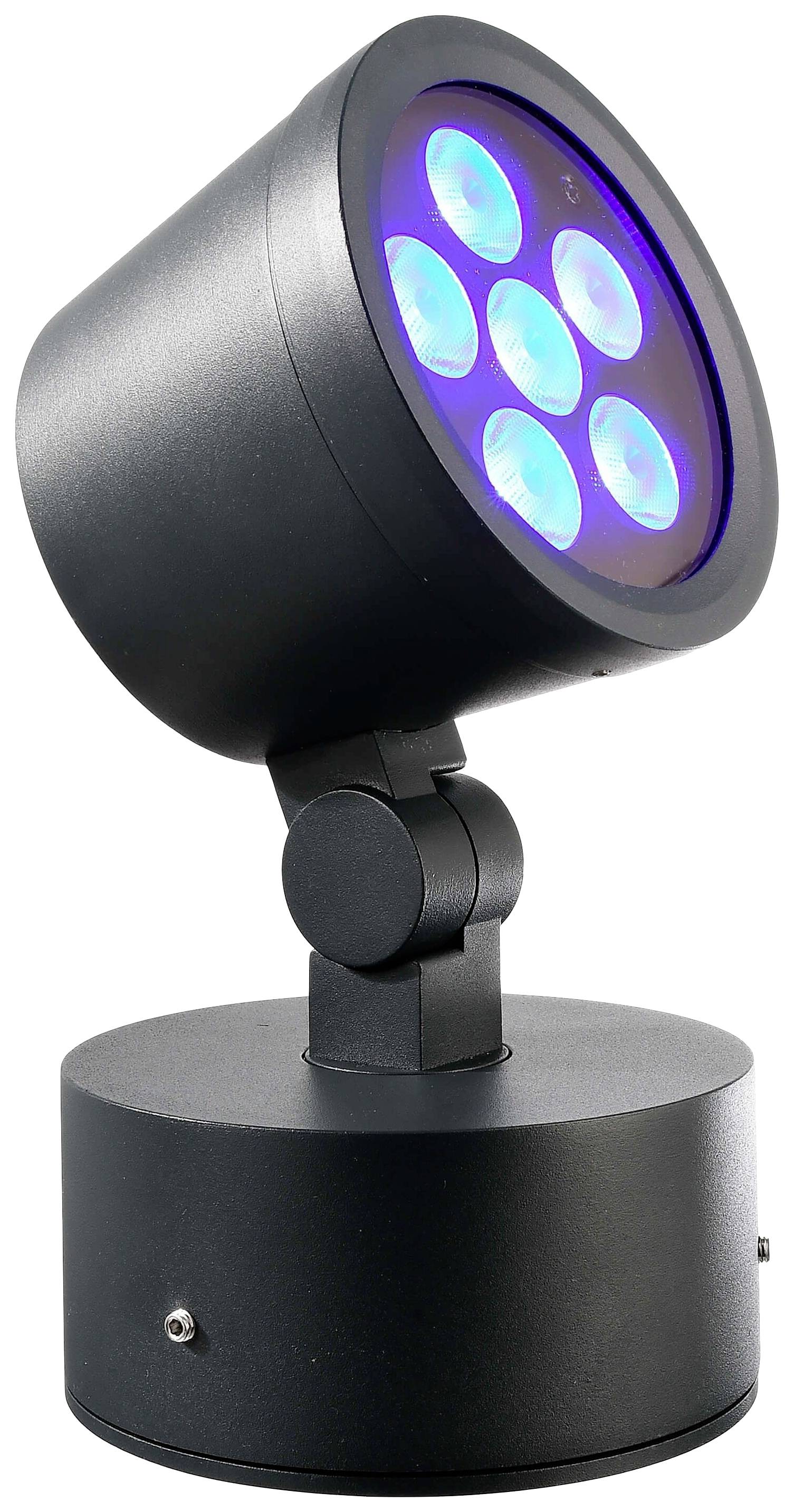 En sort LED-armatur med seks blå lys, monteret på en rund sokkel, egnet til scene- eller udendørsbelysning.