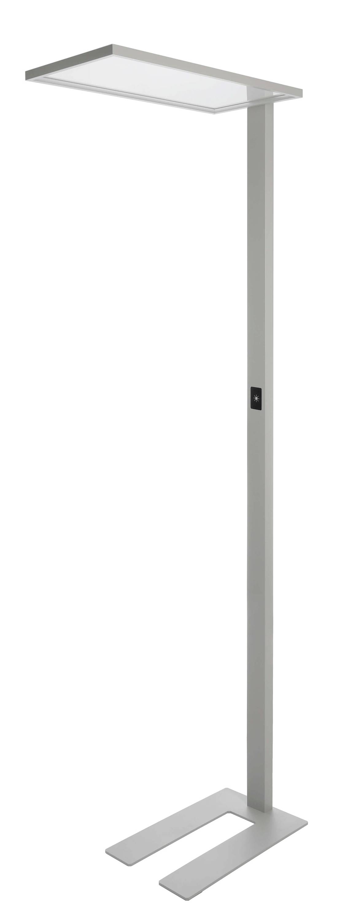 Standerlampe med rektangulær lampeskærm og rektangulær fod, stel i sølvfarve. Perfekt til moderne kontor.
