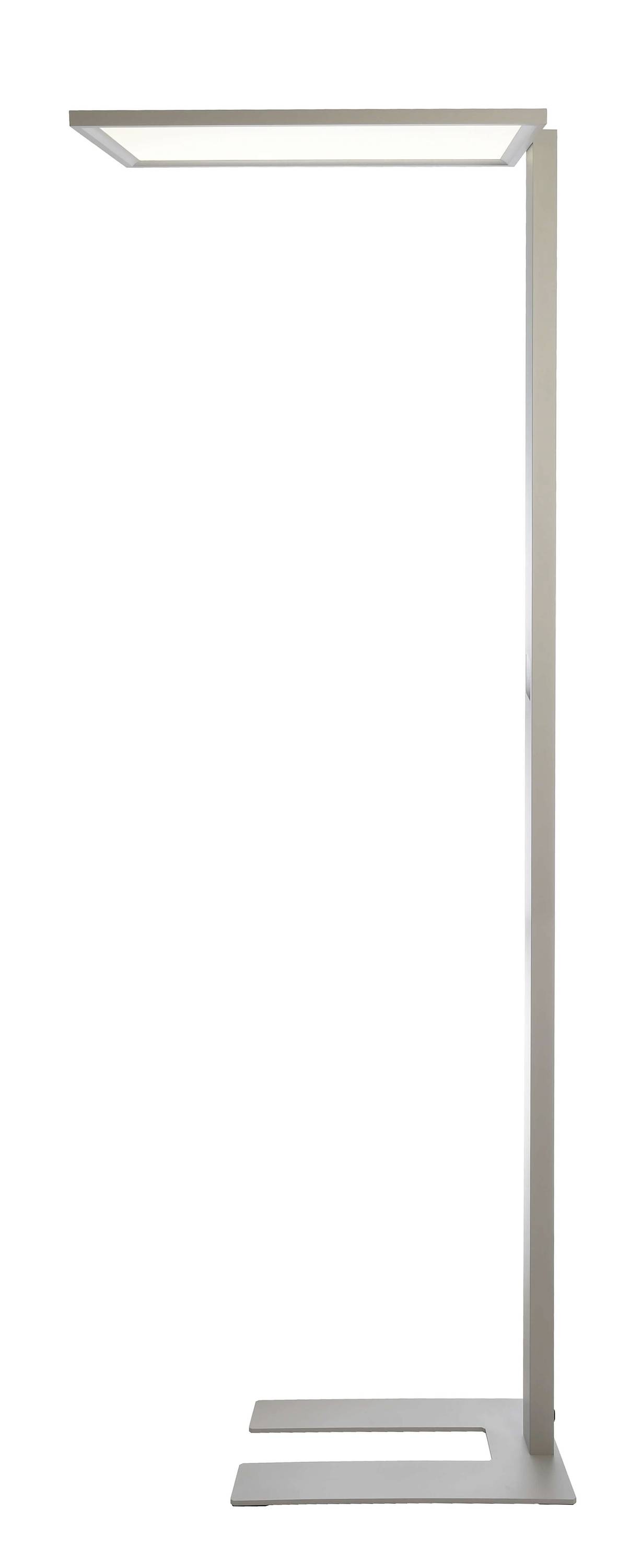 En moderne, minimalistisk gulvlampe med rektangulær lysende hoveddel og en smal, lige standfod. Den er velegnet til kontor- eller boligområder.