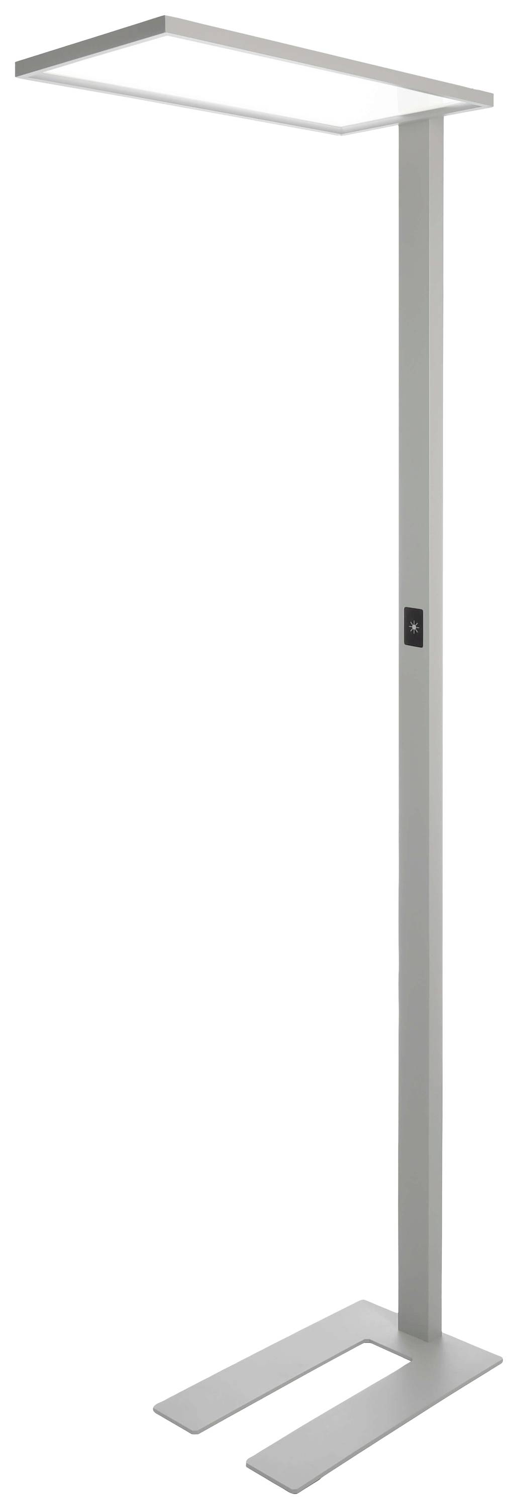 Sølvfarvet gulvlampe med rektangulær, flad lampeskærm og robust, rektangulær base. Minimalistisk design.