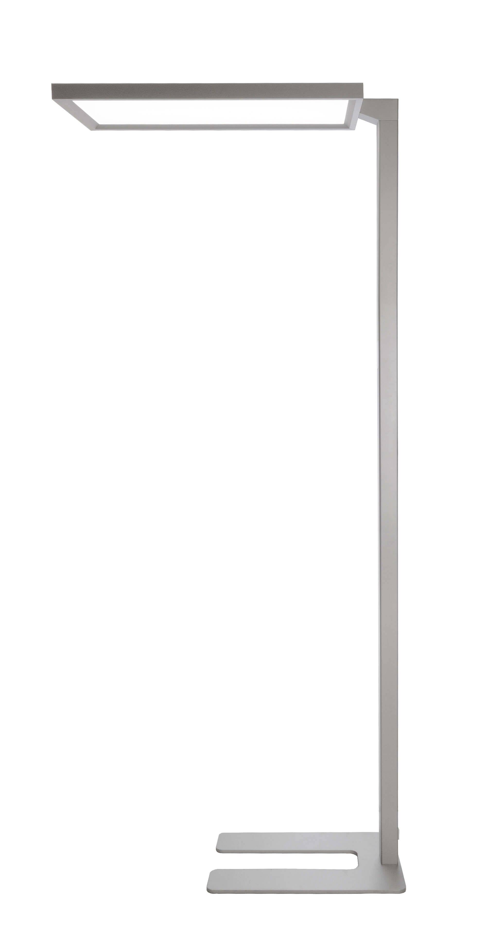En slank, moderne standerlampe med rektangulær lampeskærm og robust, kantet base, velegnet til stue- eller kontormiljøer.