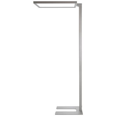 En moderne, sølvfarvet standerlampe med en rektangulær lampeskærm og en solid base står lodret.