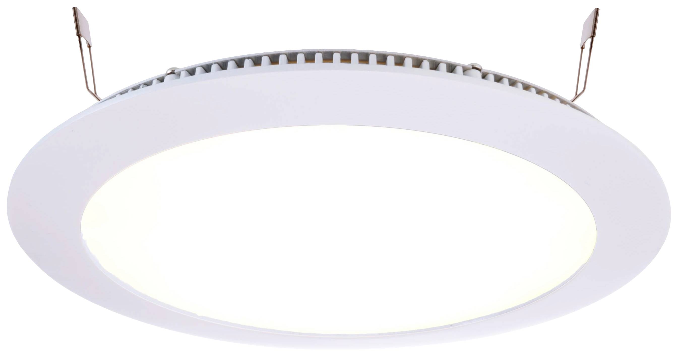 Rund LED-loftslampe i hvid med et varmt hvidt lysskær, velegnet til moderne indendørsrum.
