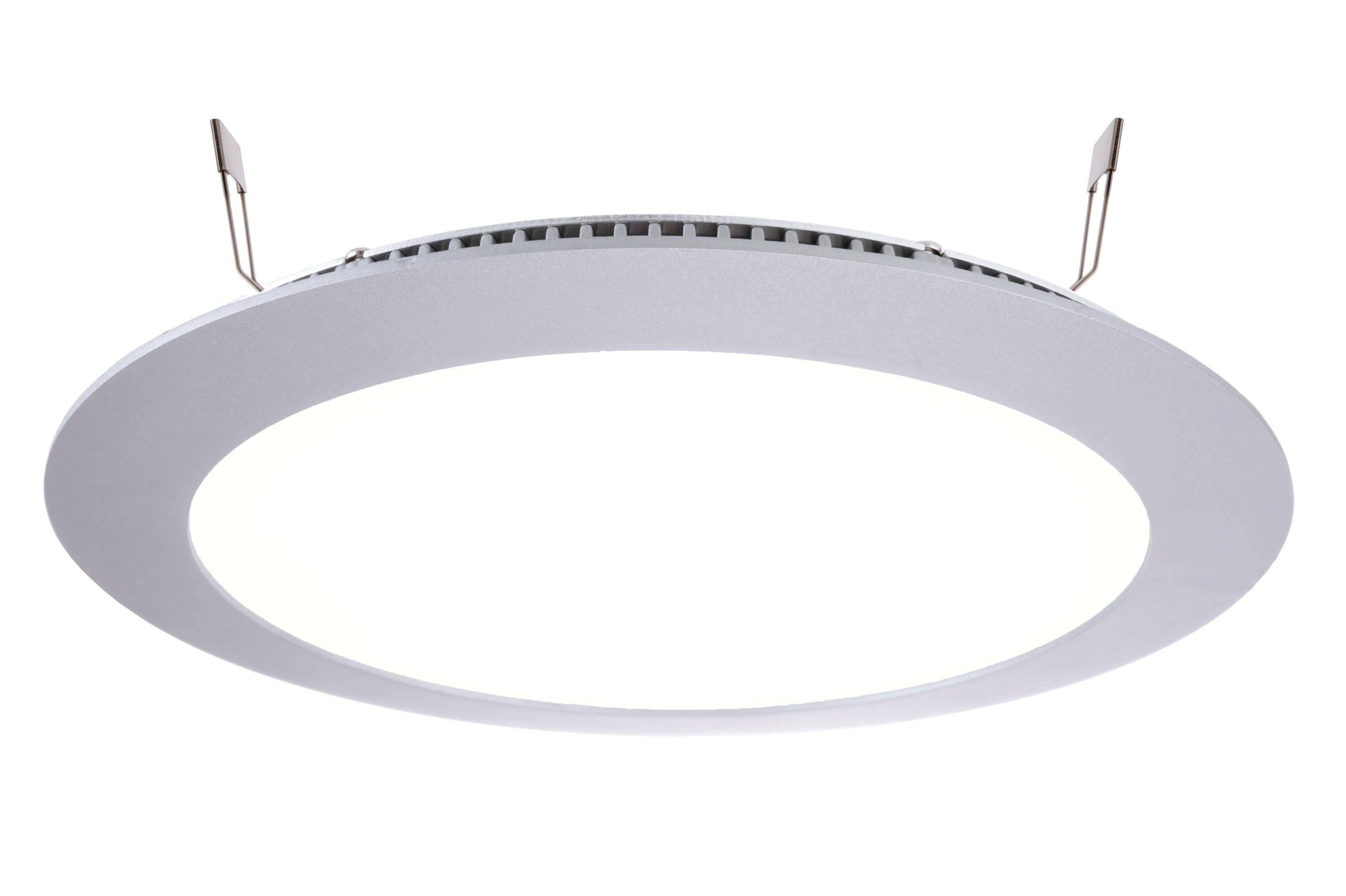 Rund, hvid LED-loftslampe med glat overflade og to metalspænder til montering.