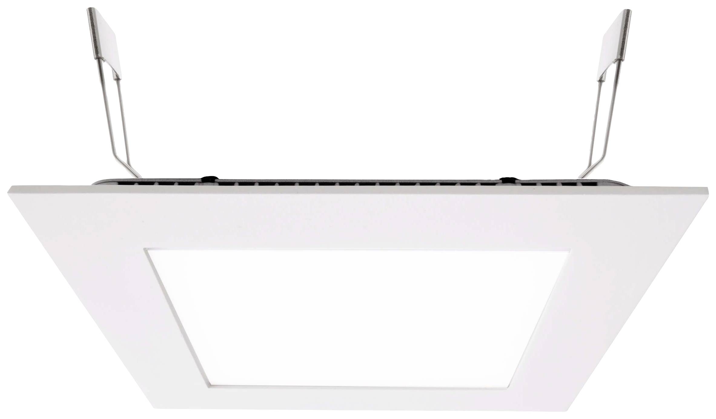 Et firkantet, fladt LED-panel, der er egnet til loftsmontering. Det har et enkelt, moderne design med to metalbeslag.