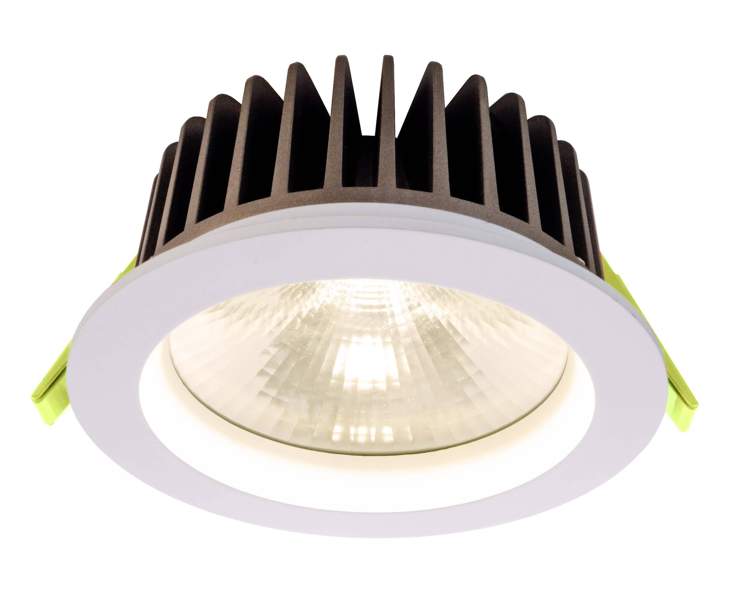LED-indbygningsspot med hvid ramme, sort køleprofil og glasafdækkede lysmoduler, ideel til loftsmontering.