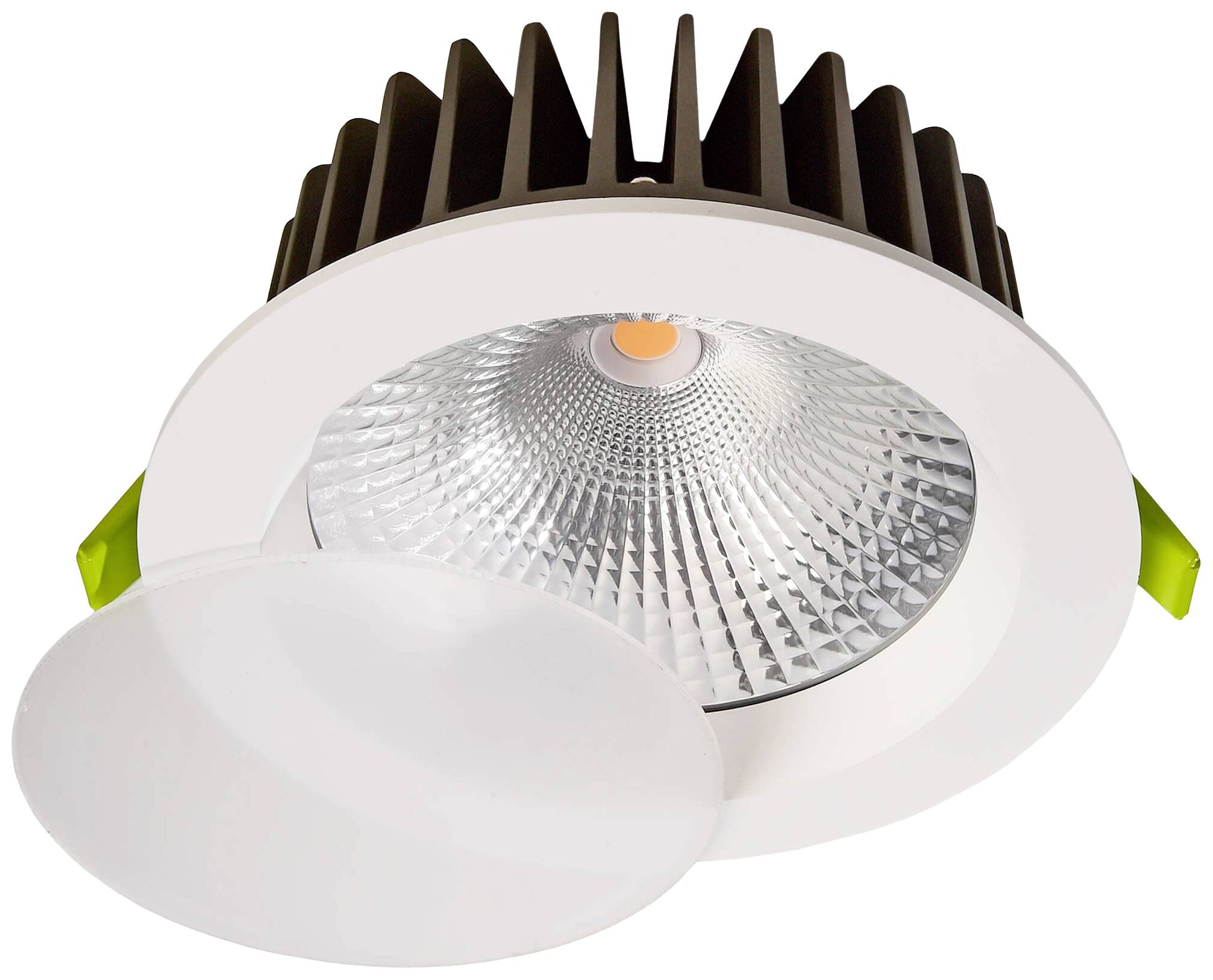 Rund LED-indbygningsspot med riflet reflektor og aftagelig afdækning, egnet til loftsmontering, hvid farve.