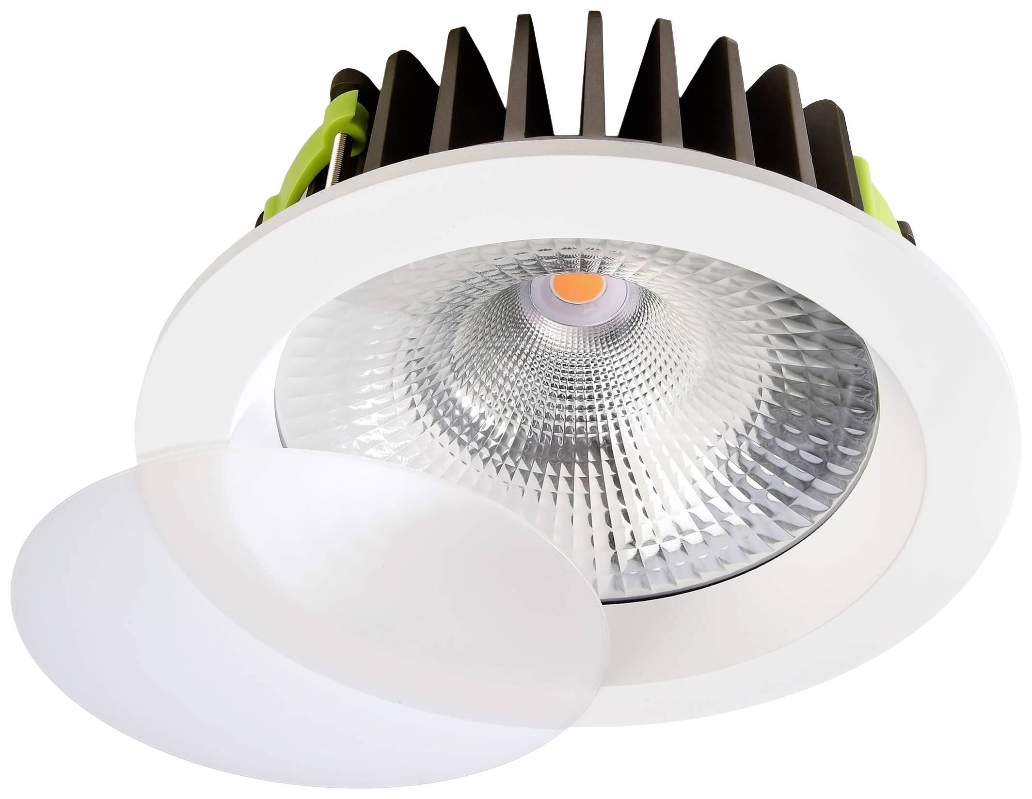 Rund, hvid LED-indbygningslampe med køleprofil og reflekterende element. Velegnet til moderne loftsbelysning.