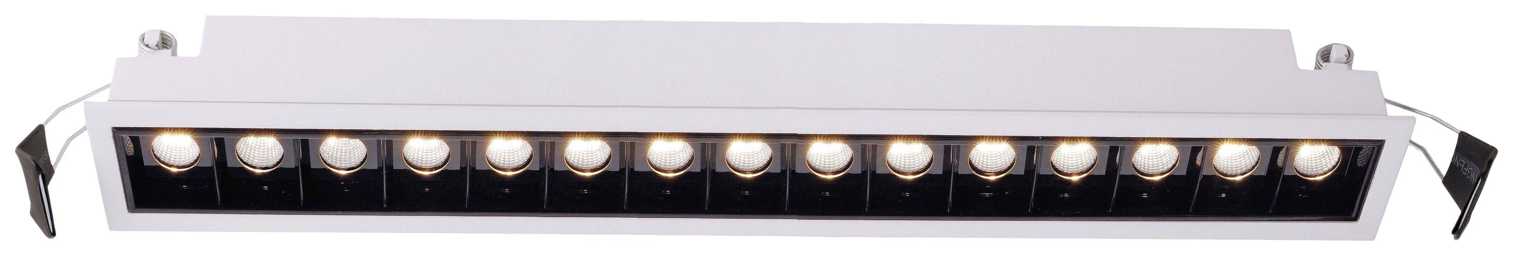 Hvid, rektangulær loftslampe med 16 runde LED-pærer på række.