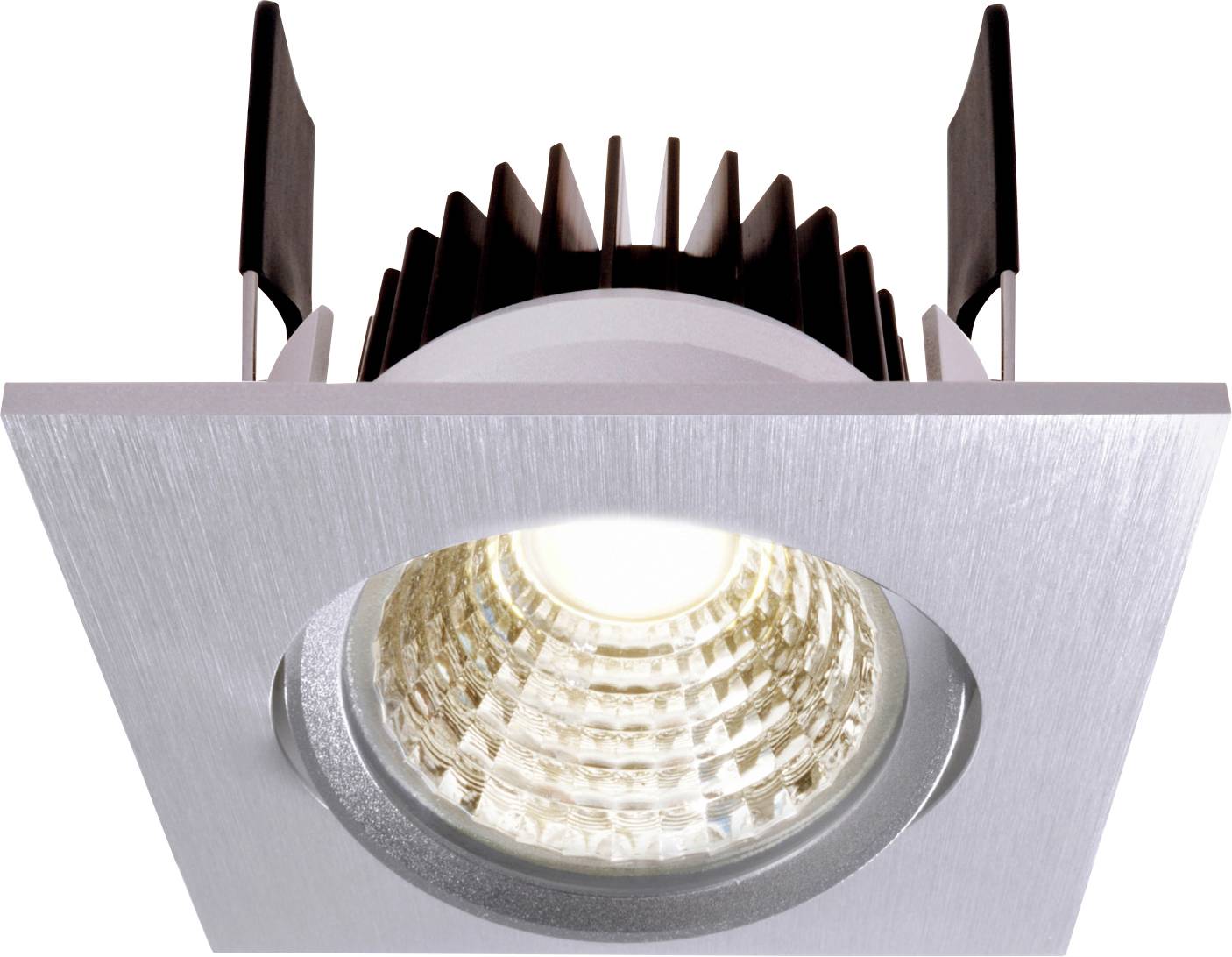 Firkantet indbygget LED-downlight med børstet sølvfarvet ramme og sort kølelegeme, vist set forfra på en hvid baggrund.