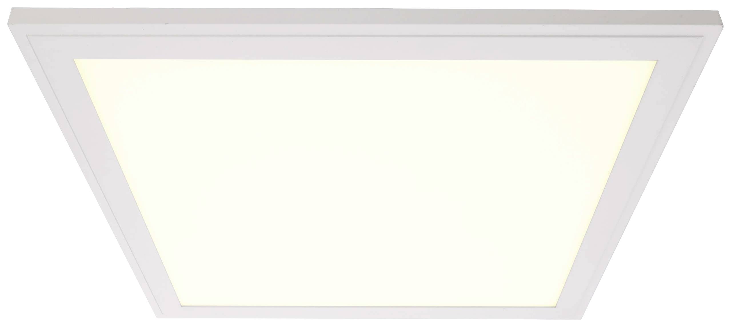Et hvidt kvadratisk LED-panel, monteret i loftet, lyser kraftigt og ensartet.