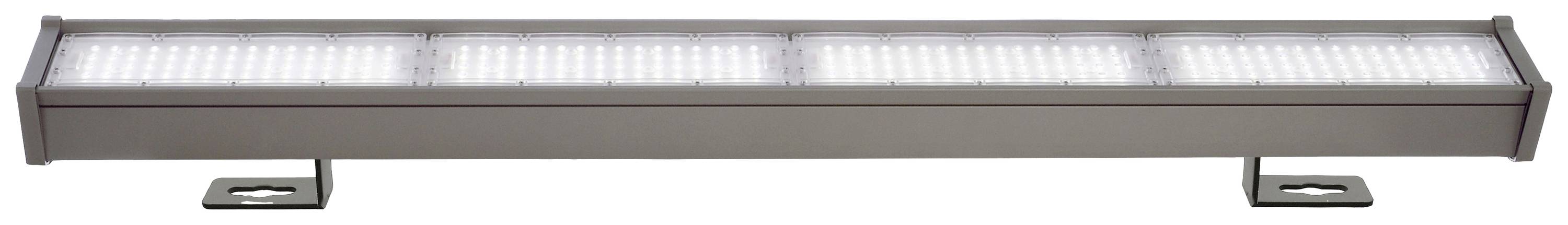 LED-lampe i rektangulær form, monteret på to beslag, lyser kraftigt.