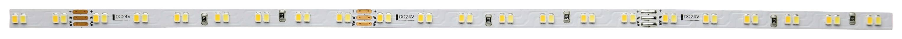 LED-stribe med gule og hvide dioder, jævnt fordelt på hvid baggrund.