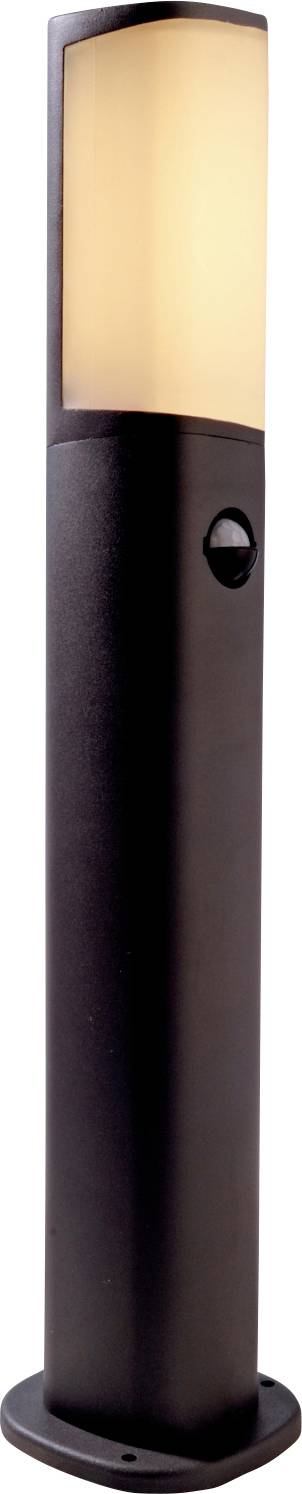 En sort udendørslampe med varmt hvidt lys, cylinderformet, egnet til have- eller stibeliggelse.