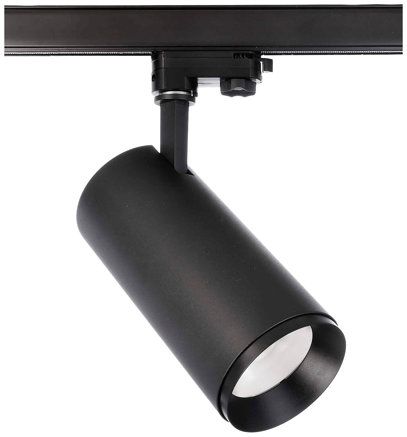 En sort, cylindrisk loftslampe er monteret på en skinne og peger nedad.