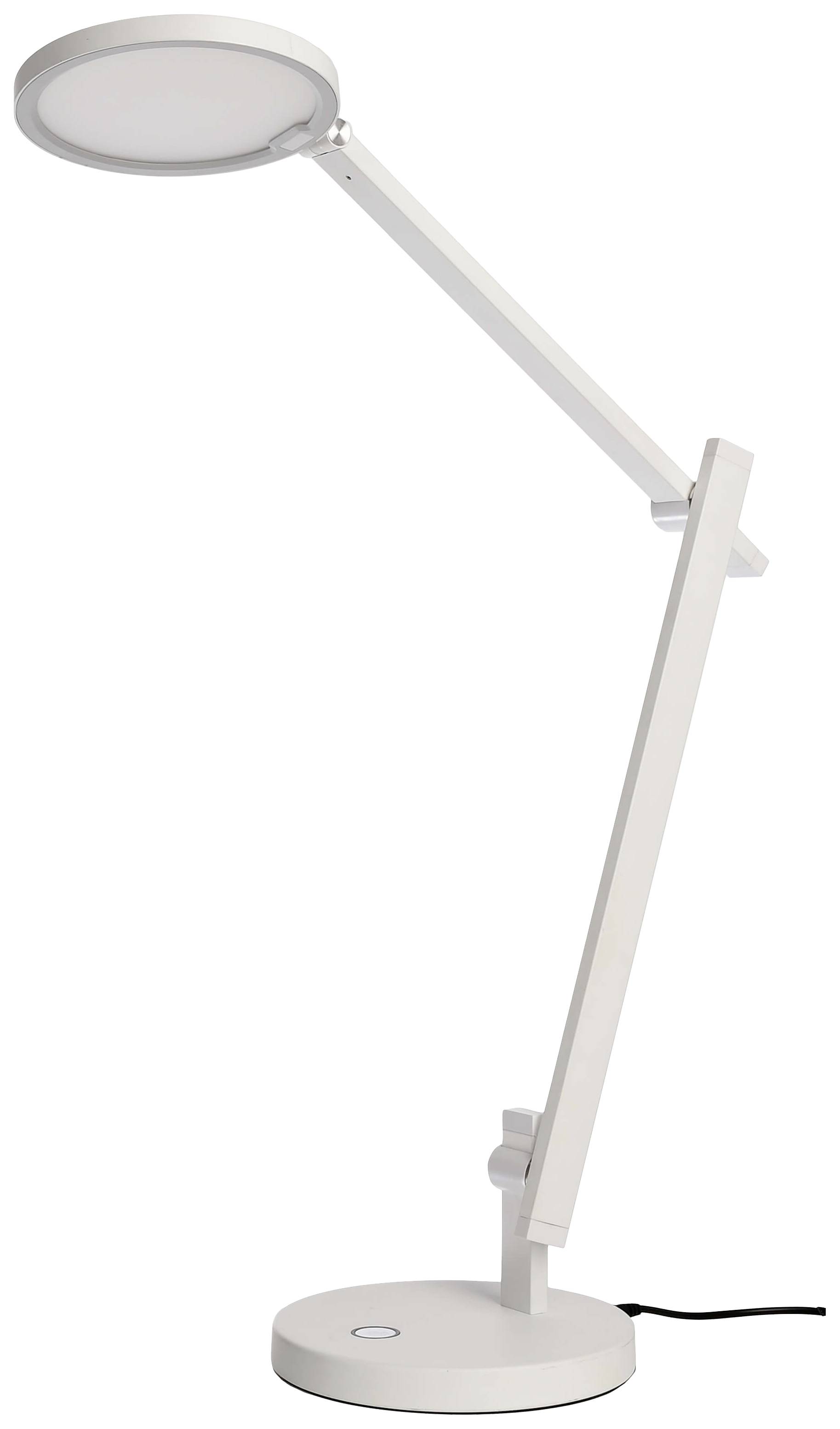 En moderne, hvid skrivebordslampe med cirkelformet lyshoved og en slank, justerbar arm, placeret på en rund base.