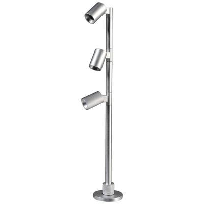 En sølvfarvet standerlampe med tre justerbare lampehoveder i moderne design. Perfekt til fokuseret belysning i boligrum.