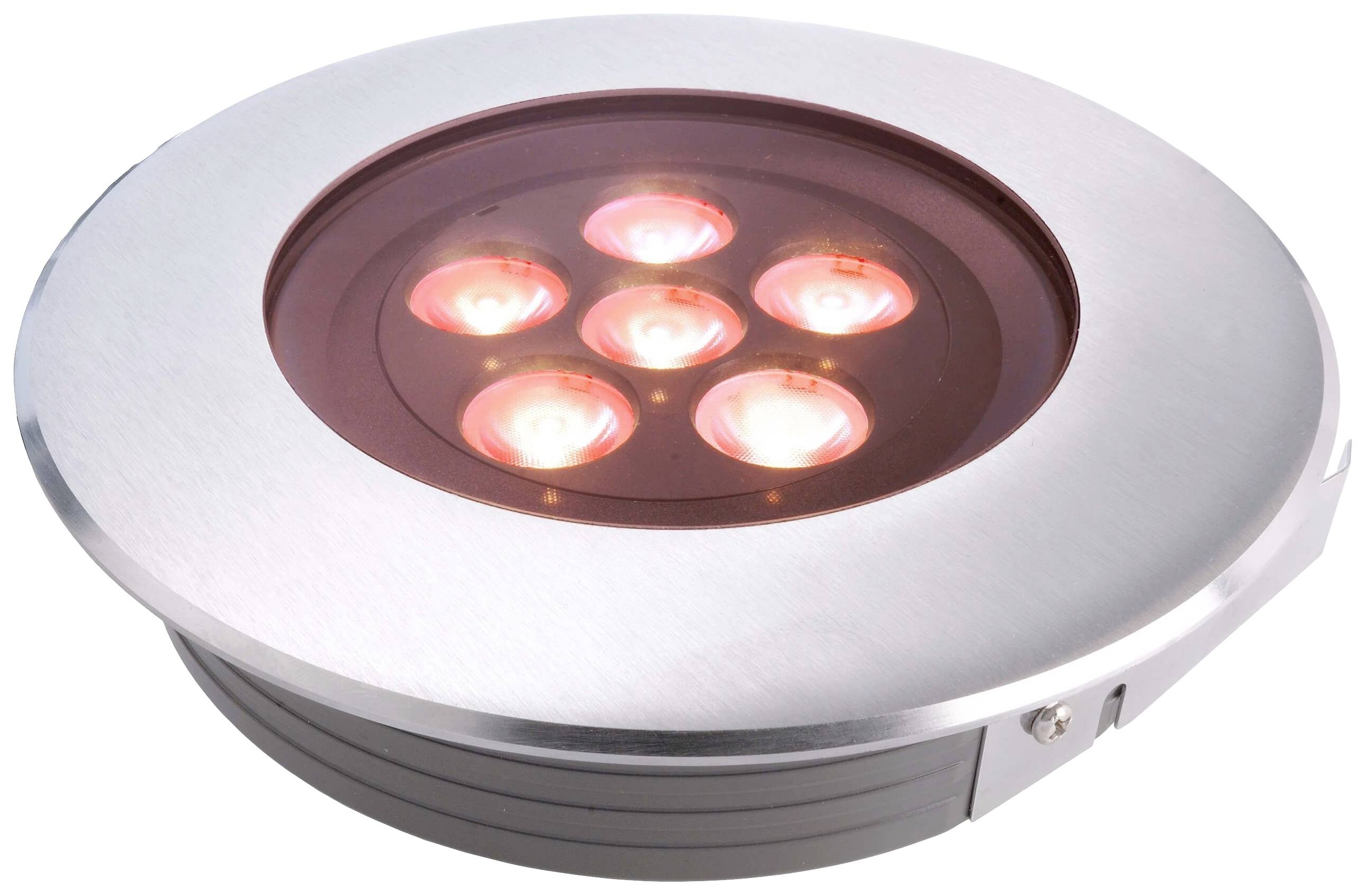 En rund, indbygget LED-projektor i metal med seks lysende LED'er. Egnet til gulvinstallationer eller akcentbelysning.