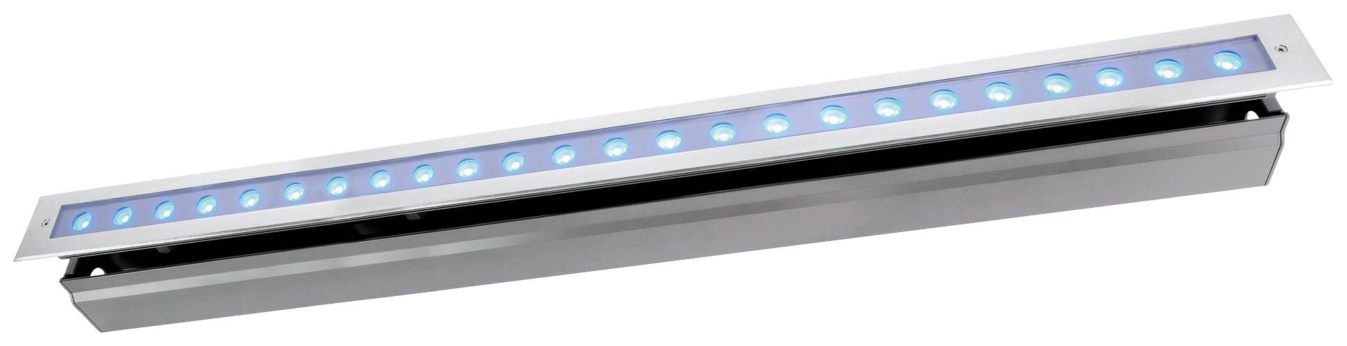 Et langt LED-lys med flere blå lamper i et slankt, sølvfarvet hus, egnet til dekorativ eller funktionel belysning.