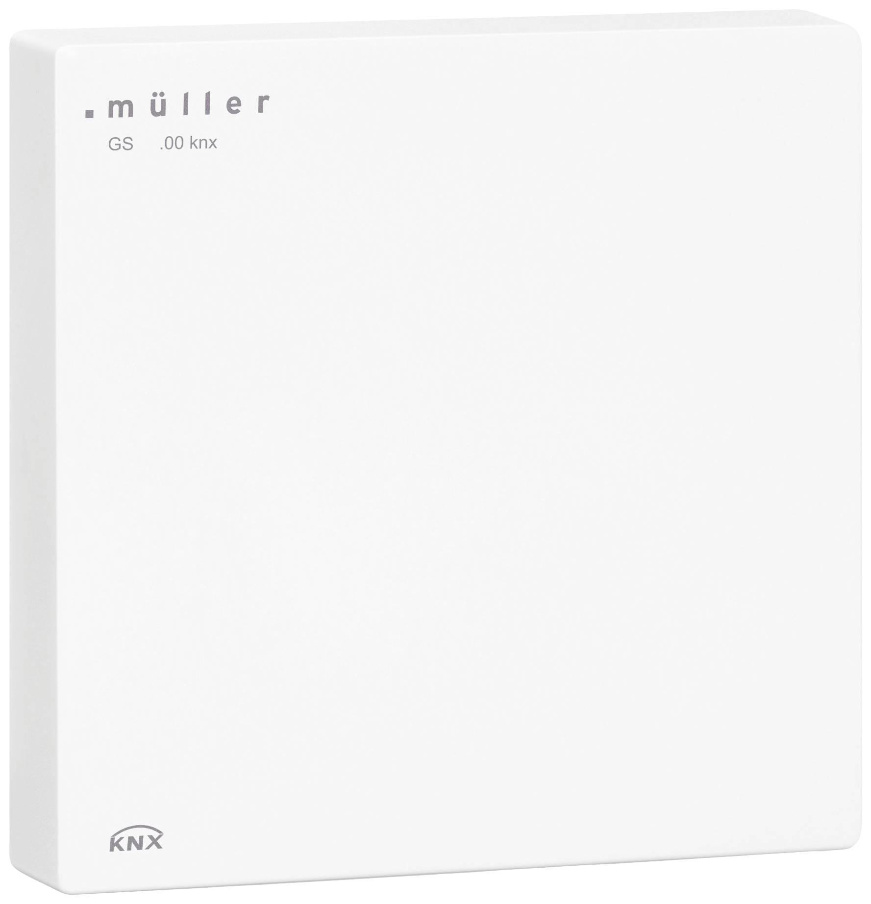 En hvid, firkantet enhed med påskriften 'müller GS .00 knx'. Øverst til højre i billedet. Det ser ud til at være en elektronisk kontrolenhed.